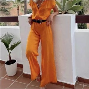 Zara NWT Orange Paisley Jacquard Jumpsuit Size S/L/XL